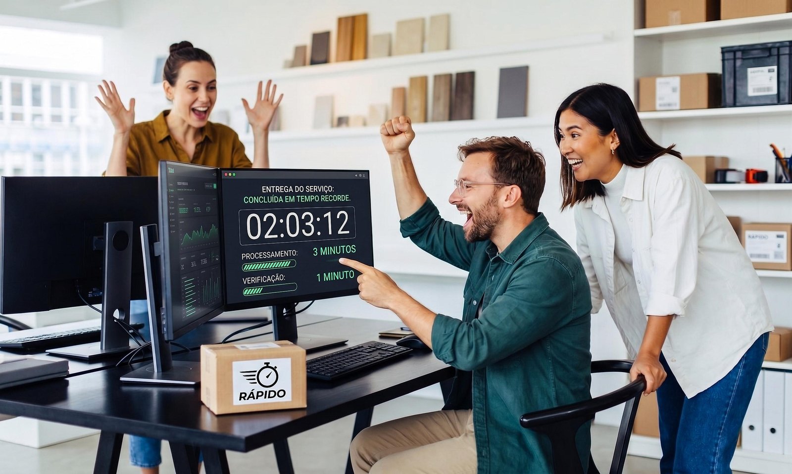 Ilustração: equipe comemorando em frente a um monitor com o cronômetro da entrega